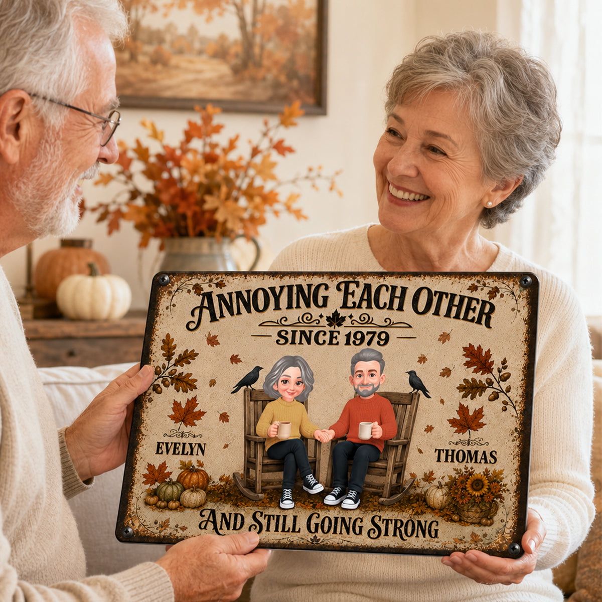 Retro Couple Annoying Each Other - Personalized Metal Sign - Fall Decor, Anniversary Gift for Her, Gift for Him