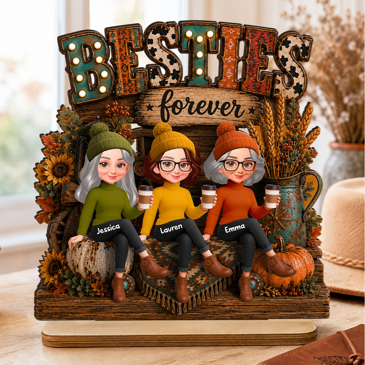 Western Fall Vibe Besties Forever - Personalized 2-Layered Wooden Plaque - Cozy Fall Decor for Best Friends