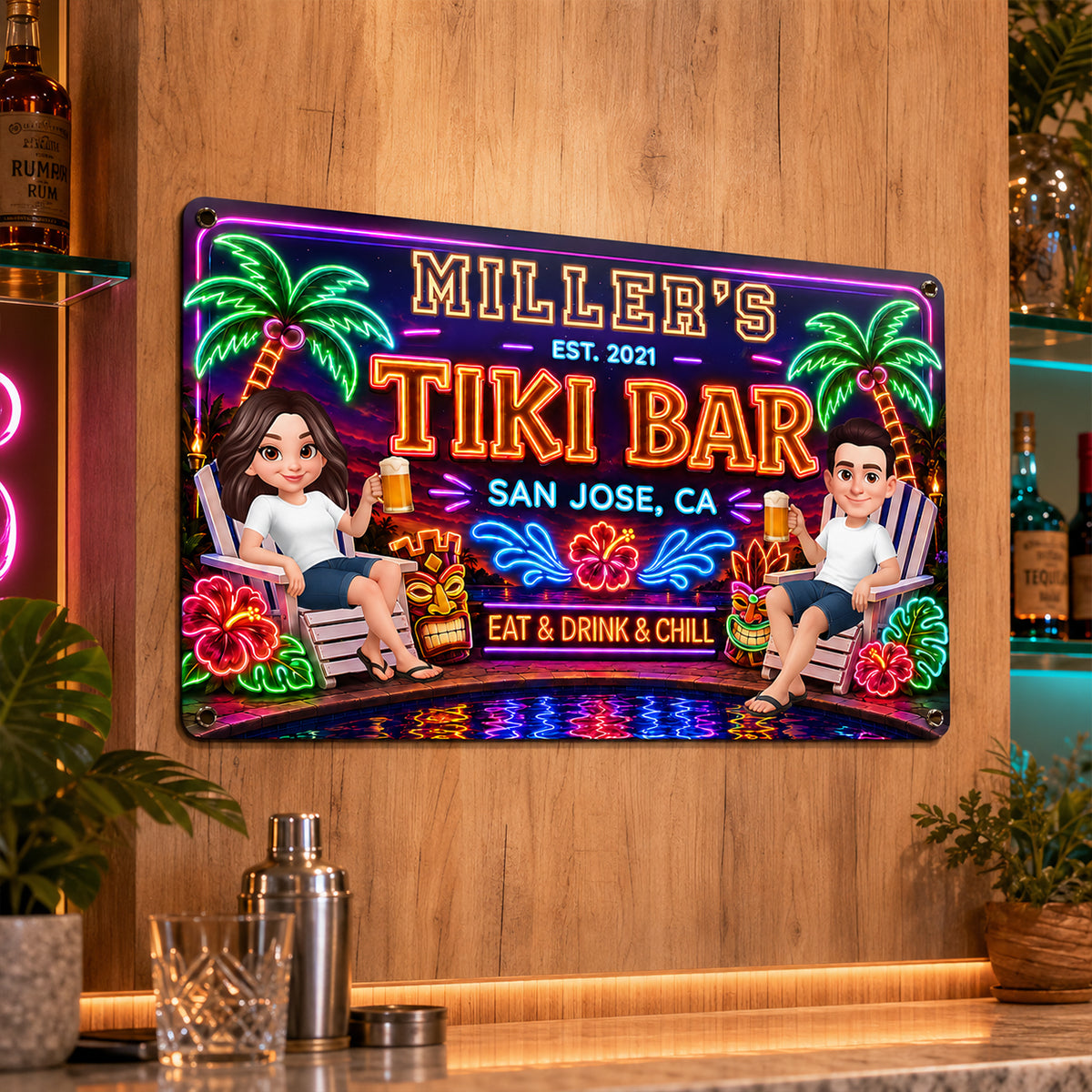 Custom Family Tiki Bar - Personalized Metal Sign - Outdoor Home Bar Decor, Eat Drink & Chill Sign, Backyard Patio Sign, New Home Gift