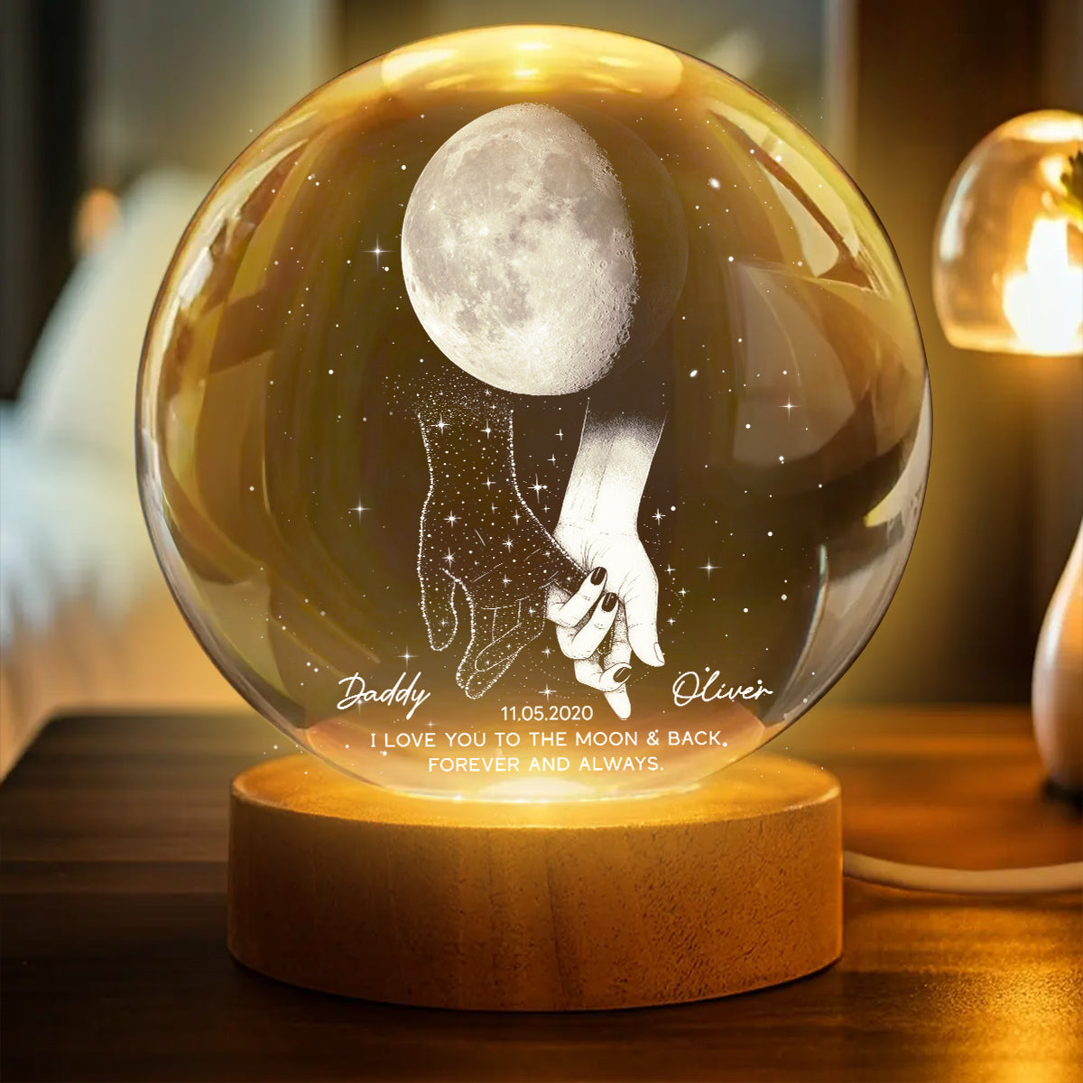 Lost Loved One Holding Hands Moon Phase Galaxy Art - Personalized Crystal Ball Night Light - Memorial Sympathy Gift