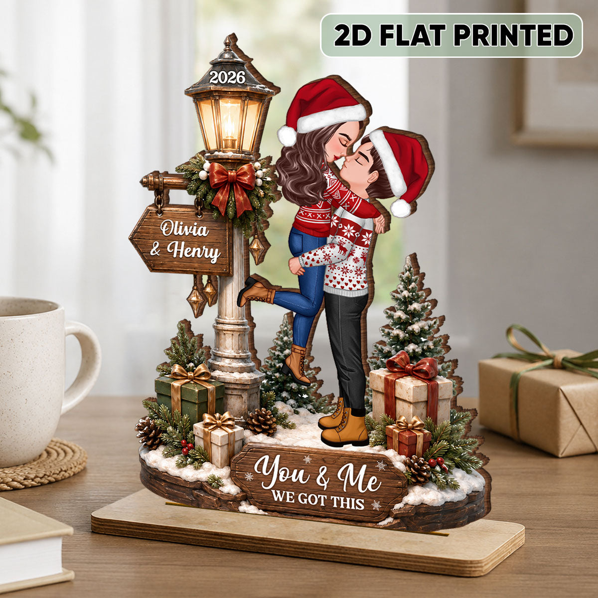 Couple Kissing Under Lamp Post - Personalized 2-Layered Wooden Plaque - Christmas Decor, Gift for Her, Gift for Him