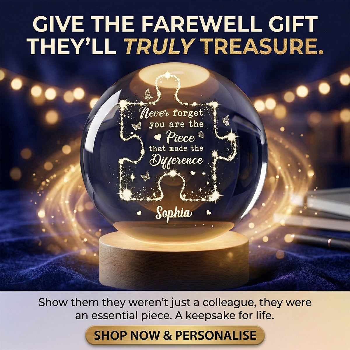 Never Forget The Difference You Make - Personalized Crystal Ball LED Night Light - Thank You Appreciation Gift for Coworker, Teacher, Employee Leaving Gift