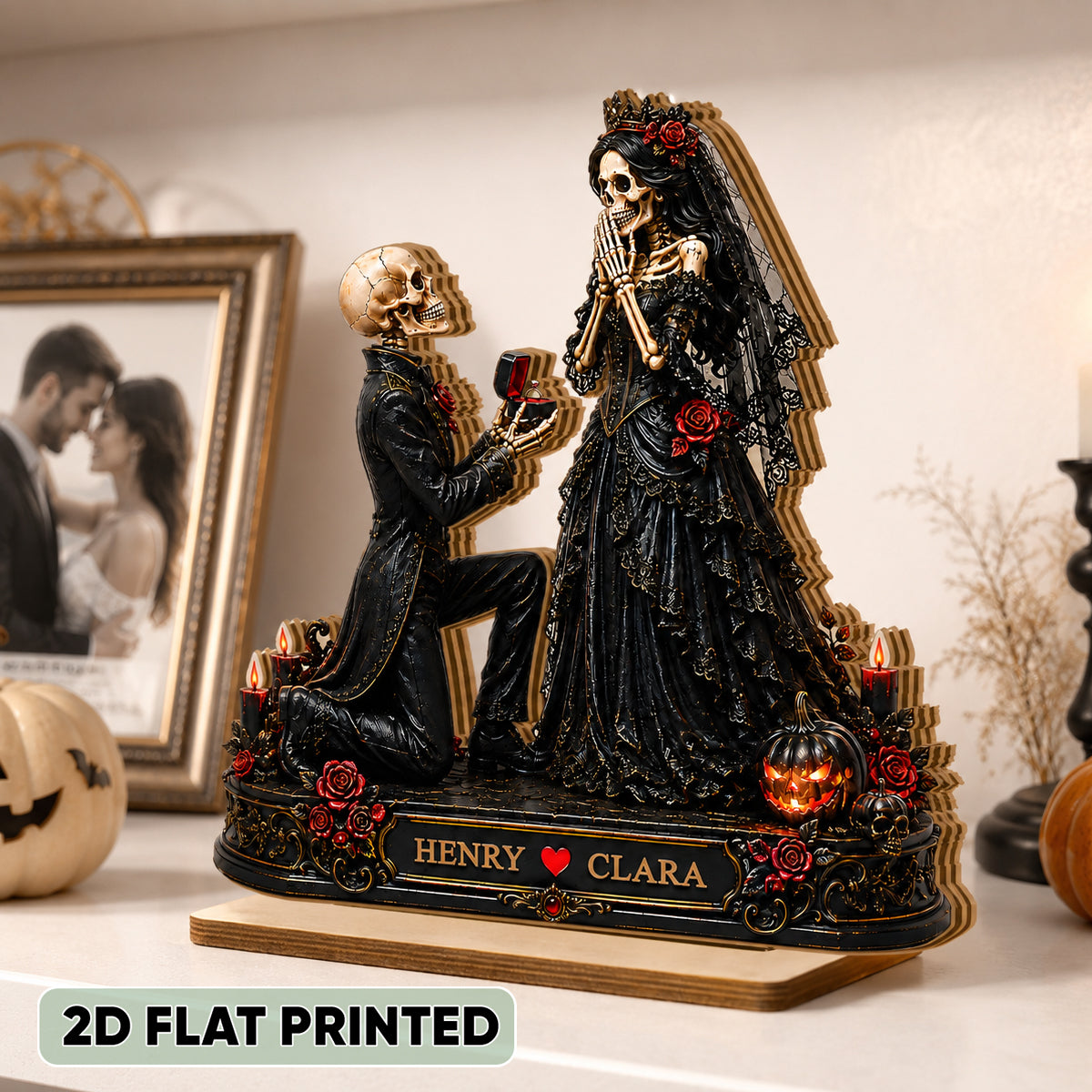 Skeleton Couple Marriage Proposal - Personalized 2-Layered Wooden Plaque - Halloween Decor Gift, Gift For Couple