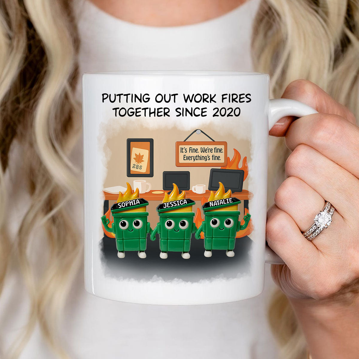 3D Effect Dumpster Fires In Office Scene - Personalized Mug - Funny Gift For Colleagues, Work Besties