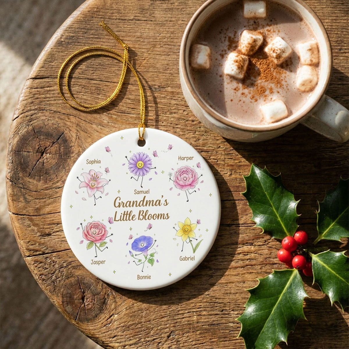 Grandma's Little Blooms Cute Doodle Birth Month Flowers - Personalized Ceramic Ornament - Home Decor Gift, Birthday Gift For Grandma