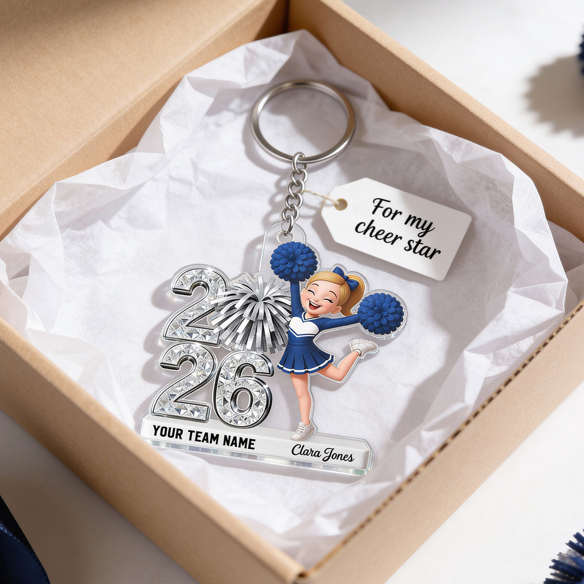 3D Shiny Effect Cheerleader With Year - Personalized Acrylic Keychain - Gift For Daughter, Granddaughter