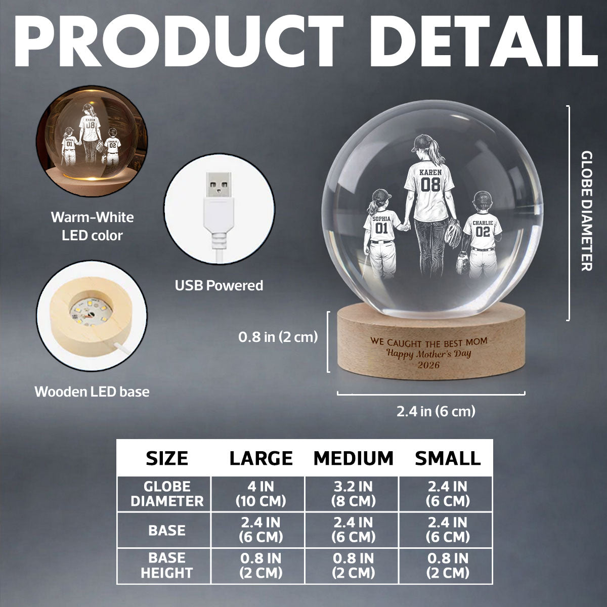 We Caught the Best Mom - Personalized Crystal Ball LED Night Light - Mother's Day Gift for Mom, Wife