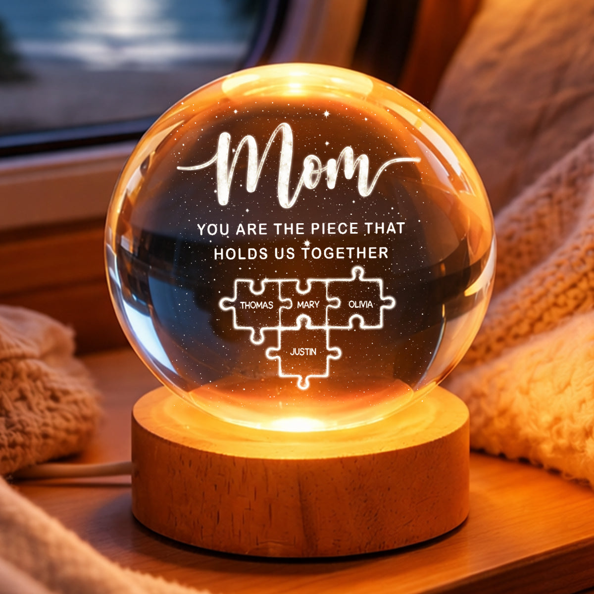 Mom You Are The Piece That Holds Us Together - Personalized Crystal Ball LED Night Light - Heartfelt Gift For Mom, Grandma