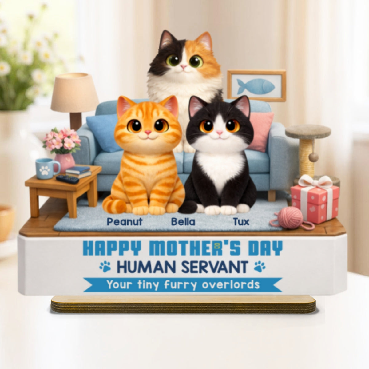 Cat Mom Cute Fluffy Cats Happy Mother's Day Human Servant - Personalized 2-Layered Wooden Plaque - Funny Mother's Day Gift For Cat Mom