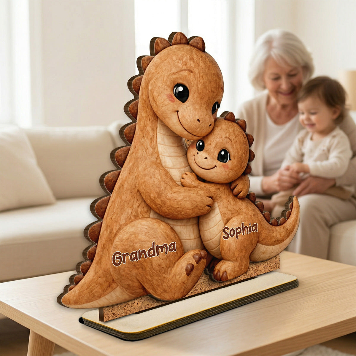 Tender Grandma And Grandchild Dino Hug - Personalized 2-Layered Wooden Plaque - Mother's Day Gift For Grandma, Mom, Wife