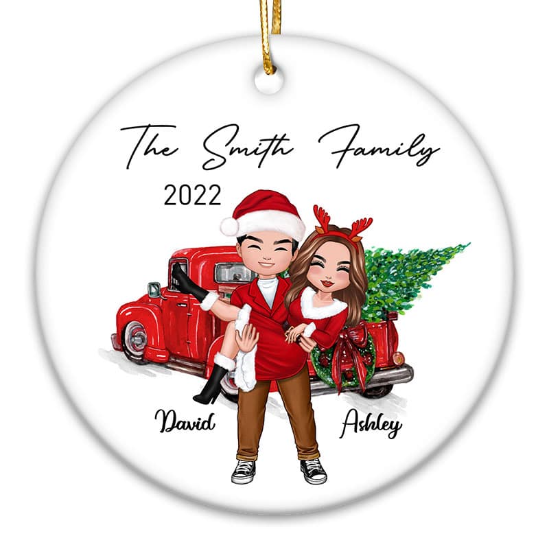 Christmas Truck Man Holding Woman Doll Couple Personalized Circle Ornament