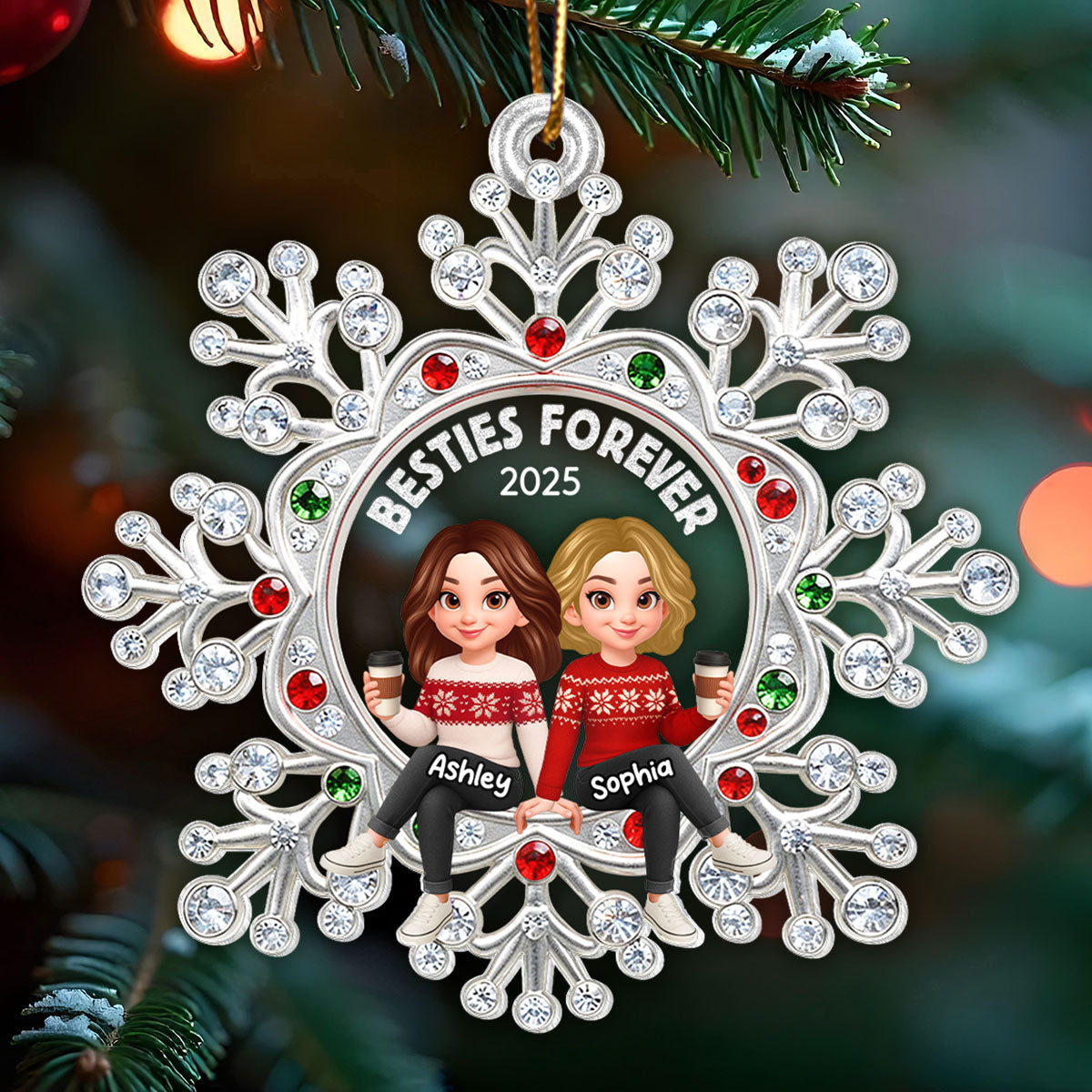 Besties Sitting on Snowflake - Personalized Acrylic Ornament - Christmas GIft for Besties