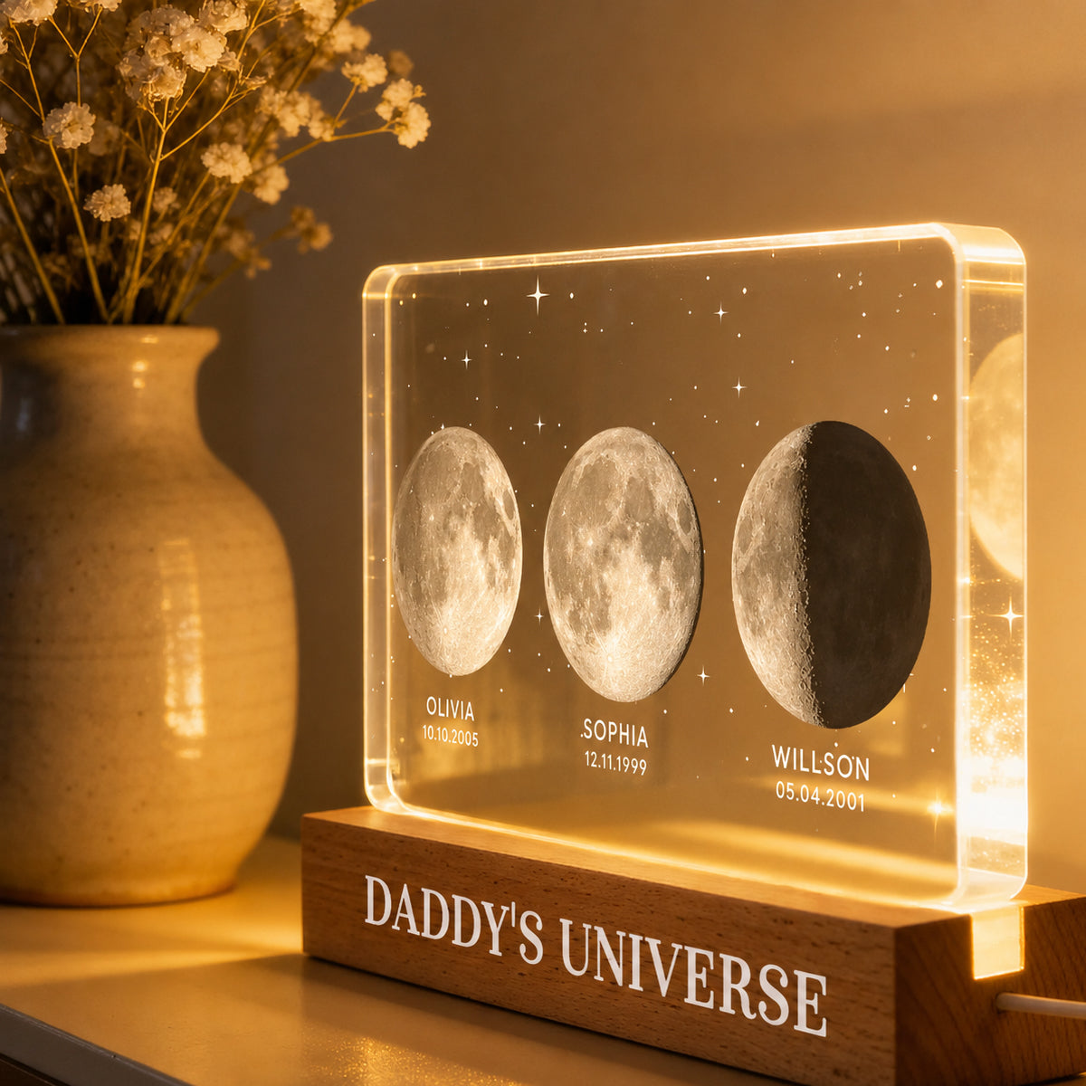 Daddy's Universe Custom Moon Phase by Date - Personalized Acrylic Block LED Night Light - Father's Day Gift for Dad, Husband