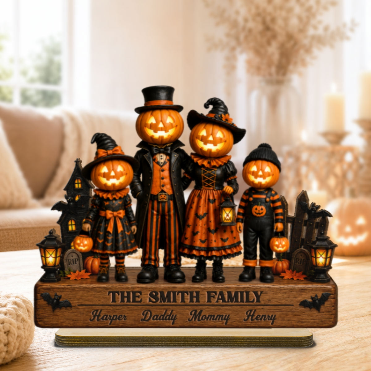 Halloween Jack-o'-lantern Family 2D Flat - Personalized Wooden Plaque
