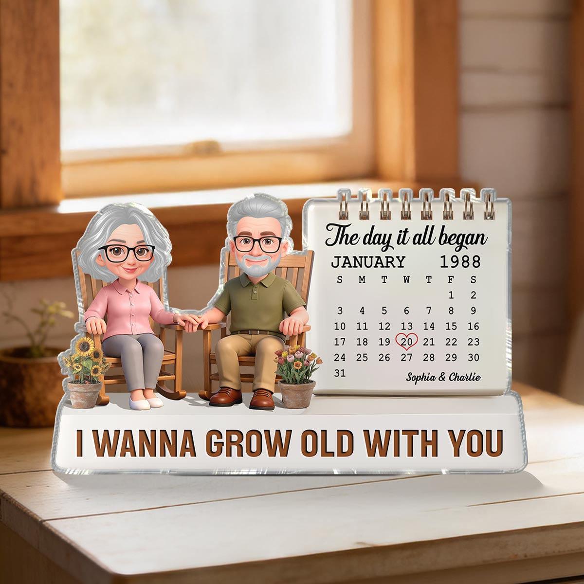 Old Couple Sitting On Rocking Chair Anniversary Date Calendar 2D Flat - Personalized Acrylic Block Plaque