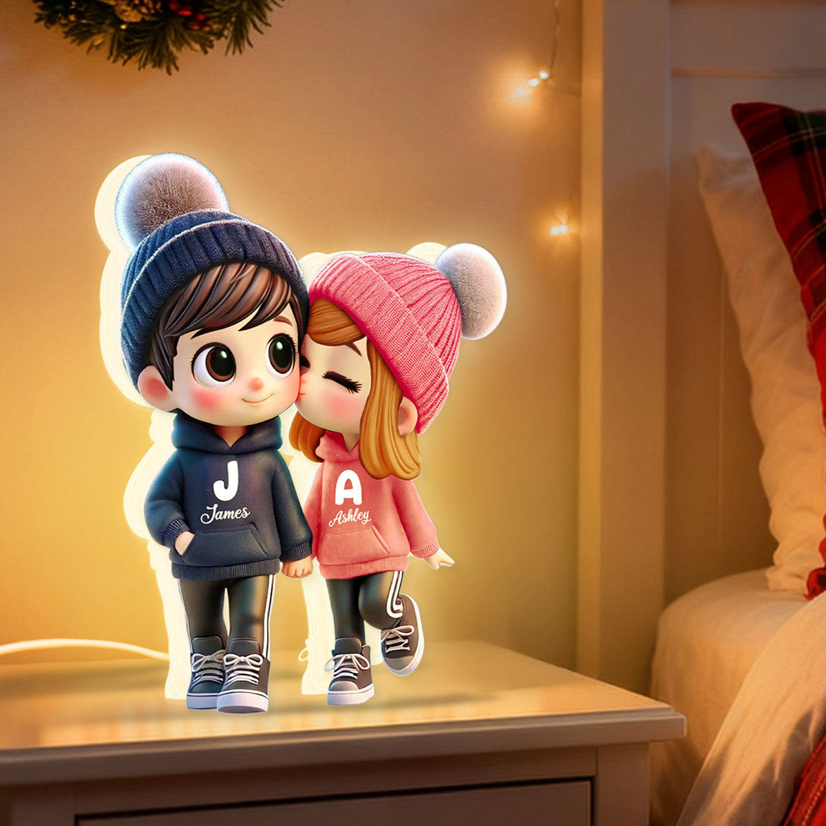 3D Effect Cute Cartoon Couple Walking - Personalized Light Box - Gift for Him, Gift for Her