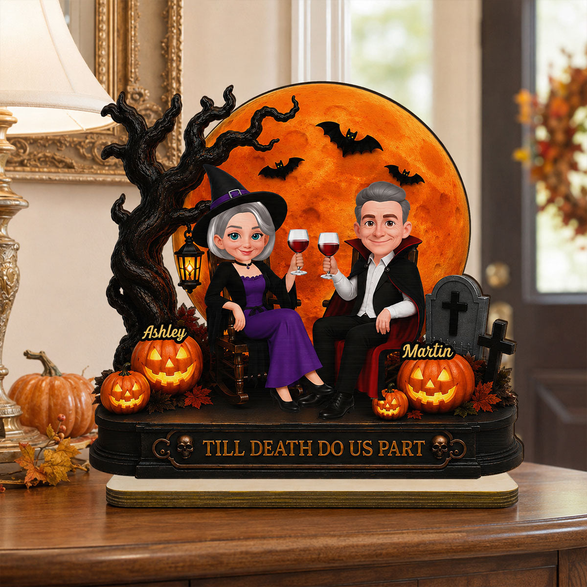 Spooky Halloween Couple With Moon - Personalized 2-Layered Wooden Plaque - Gift For Couple, Him, Her
