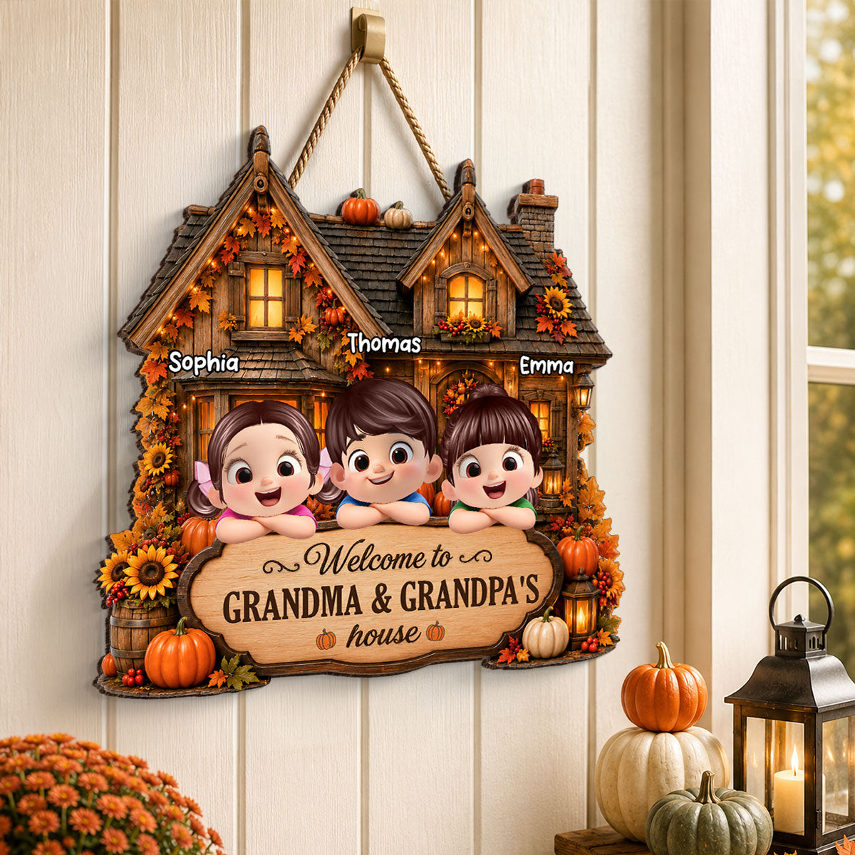 Welcome to Grandma Grandpa Fall Pumpkin House - Personalized Wooden Door Sign - Fall Thanksgiving Farmhouse Gift