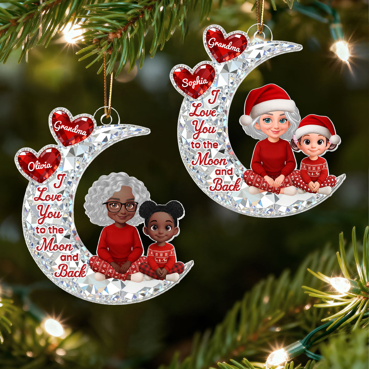 3D Effect Flat Grandma Grandkid On Moon - Personalized Acrylic Ornament - Gift For All Grandkids