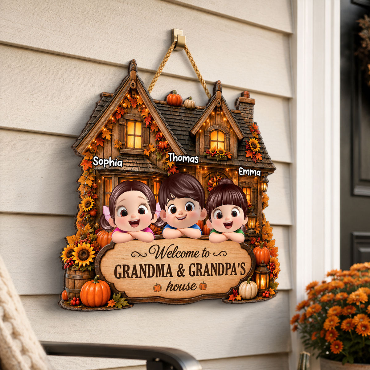 Welcome to Grandma Grandpa Fall Pumpkin House - Personalized Wooden Door Sign - Fall Thanksgiving Farmhouse Gift