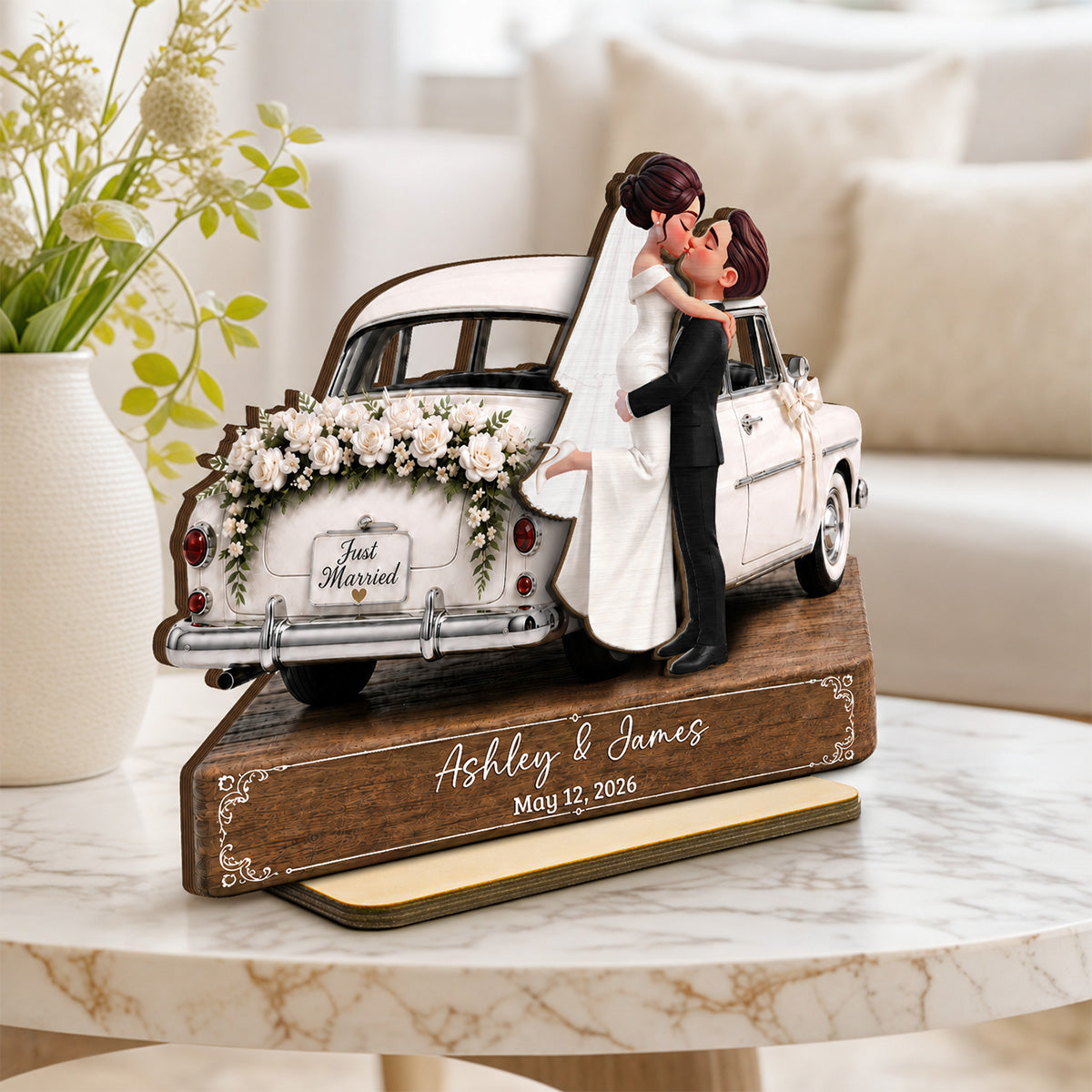 Newlywed Couple Wedding Car 2D Flat - Personalized Wooden Plaque - Wedding Gift Anniversary Gift Newlywed Gift