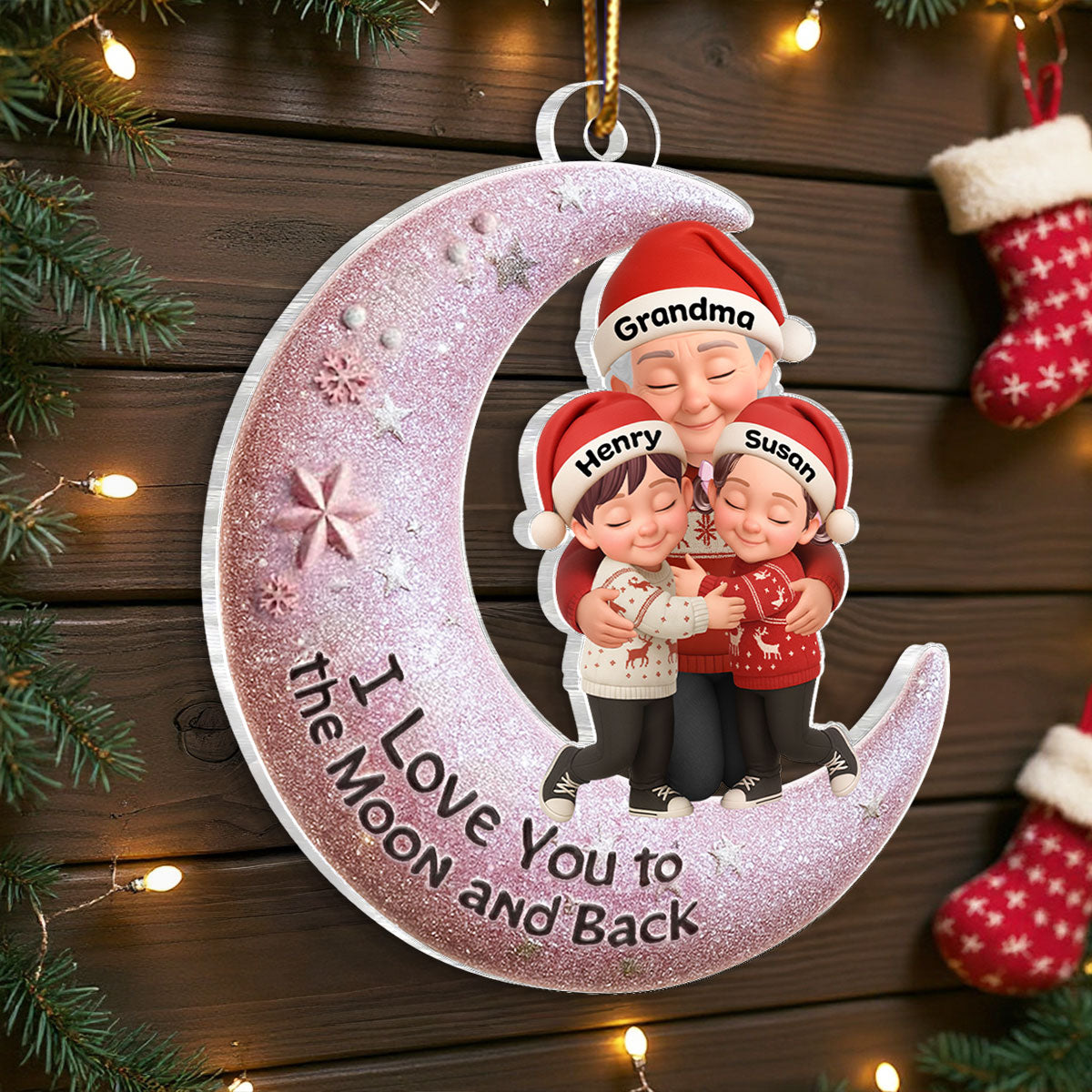 Grandma Hugging Grandkid on Moon - Personalized Acrylic Ornament - Christmas Gift for Grandma, Grandkids