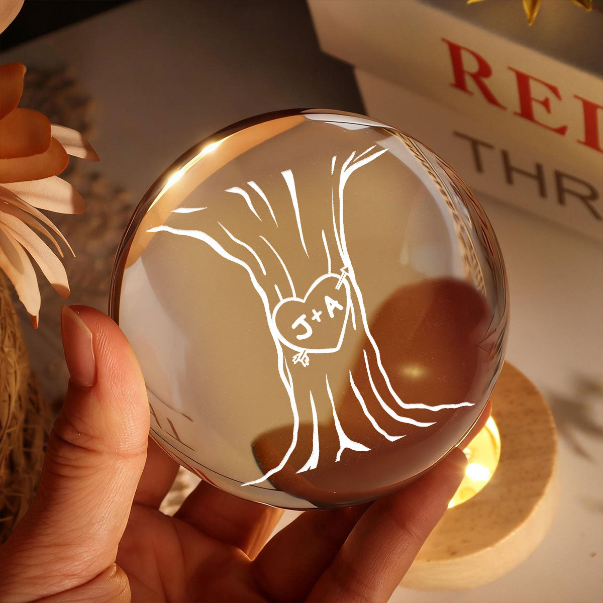 Eternal Love Couple Initial Names Heart Carved Tree - Personalized Crystal Ball LED Night Light - Valentine's Day Gift For Couple