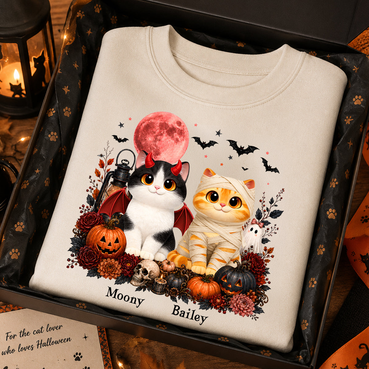 Halloween Floral Pumpkin Cats - Personalized Shirt - Trendy Fall Halloween Tee for Cat Lovers
