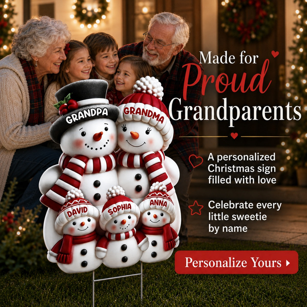 Christmas Cute Snowman Grandpa Grandma Grandkids - Personalized Yard Sign - Christmas Decor For Grandparents