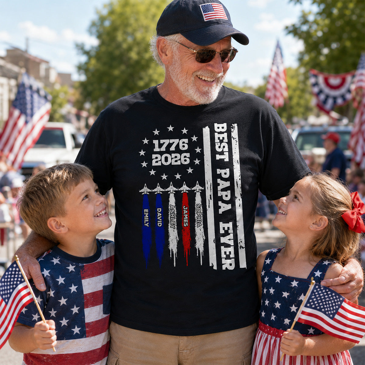 Best Dad Grandpa Ever Jets Smoke Custom Kid Name - Personalized Shirt - American 250th Anniversary Keepsake For Husband, Dad, Grandpa