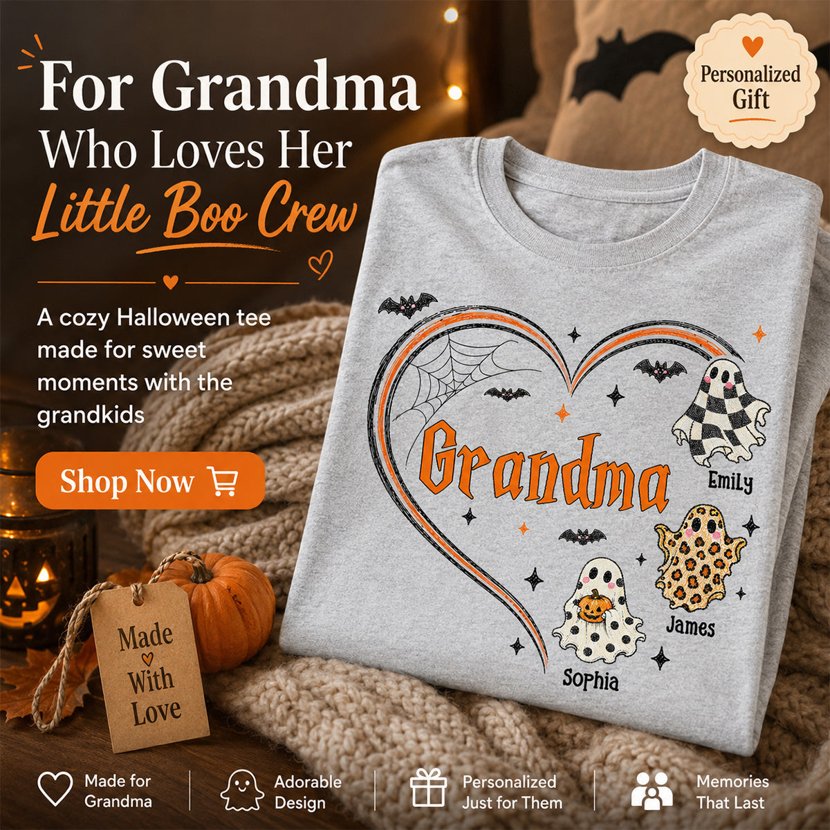 Grandma's Boo Crew Heart Checkered Leopard Polka Dot Ghosts - Personalized Shirt - Perfect Halloween Costume for Grandma