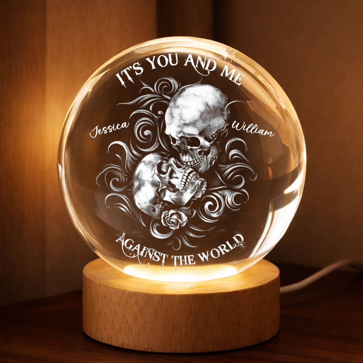 It's You and Me Against the World - Personalized Crystal Ball LED Night Light - Sentimental Valentine's Day Gift for Her, for Him