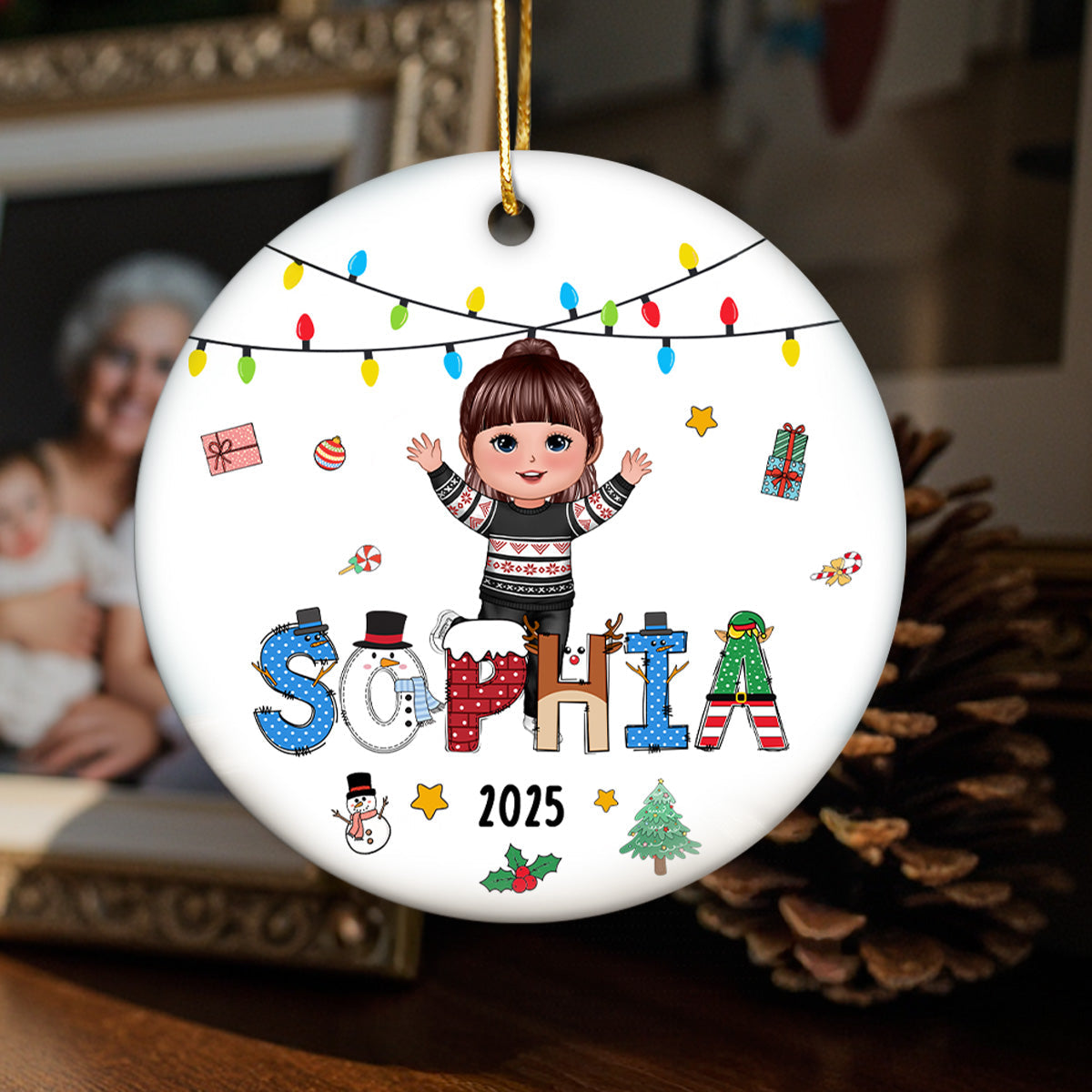 Christmas Theme Cute Doll Kid Name - Personalized Ceramic Ornament - Gift For Grandchildren, Boy, Girl