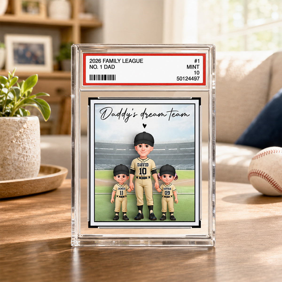 Baseball No. 1 Dad Man & Kids Standing On Court Trading Card Style - Personalized Acrylic Block Plaque -  Gift For Baseball Dad