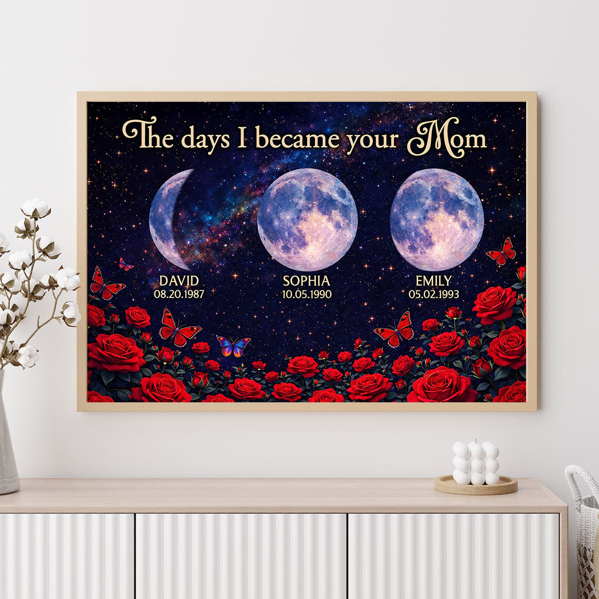 Roses The Day You Became Mom Grandma Custom Birth Moon Phase - Personalized Poster - Mother's Day Gift For Mom, Grandma