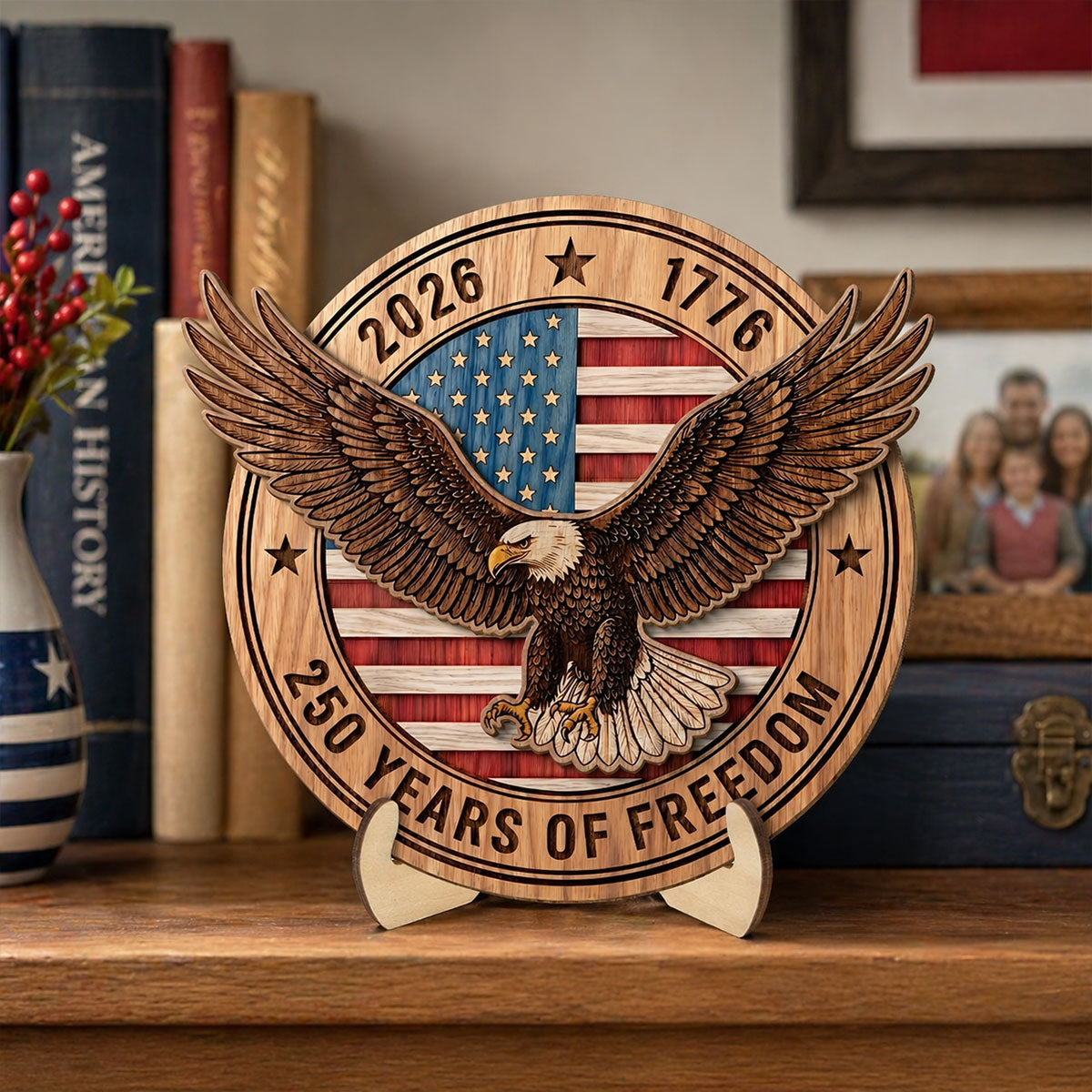United States 250th Anniversary Eagle & American Flag - Personalized 2-Layered Wooden Plaque - America 250th Anniversary Emblem American Patriot Home Decor