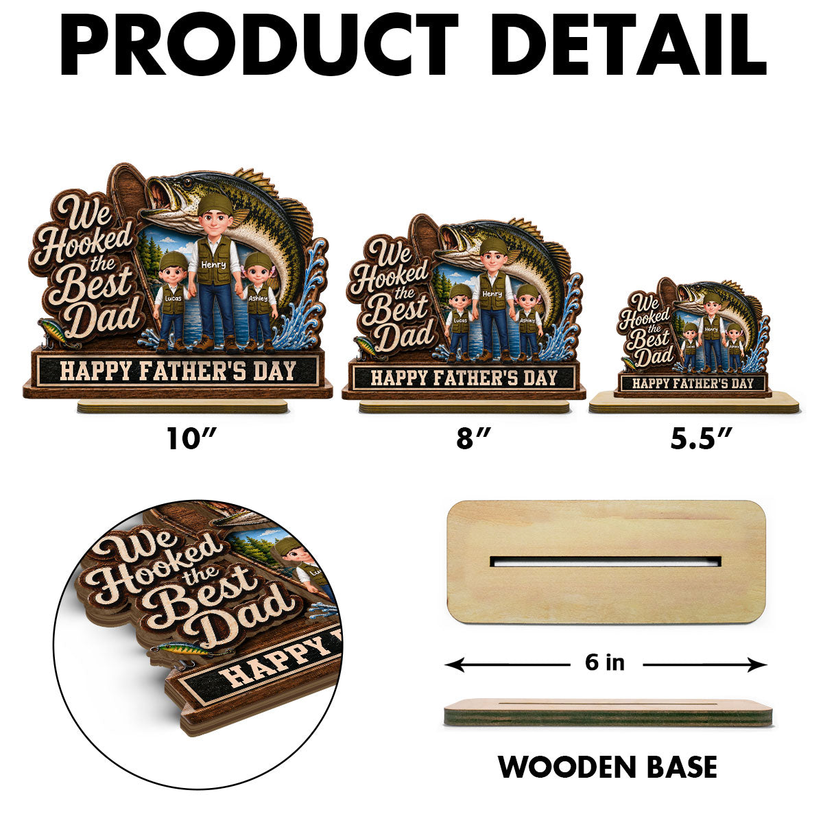 We Hooked The Best Dad Fishing Man & Kids 2D Flat - Personalized 2-Layered Wooden Plaque -  Gift For Fishing Dad