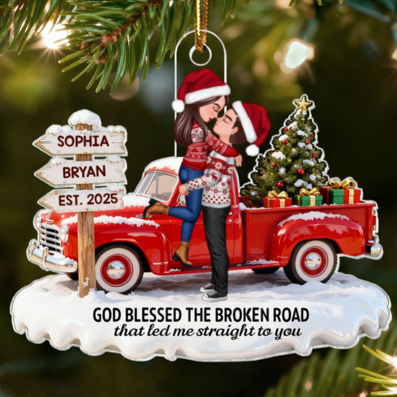 3D Effect Christmas Nostalgia Christmas Truck Couple God Bless The Broken Road - Personalized Acrylic Ornament - Romantic Gift For Couple, Farmhouse Decor