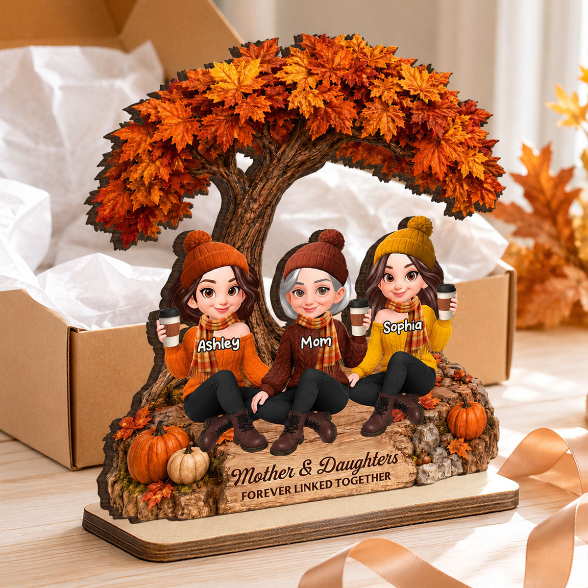 Cozy Warm Fall Season Mom And Daughters - Personalized 2-Layered Wooden Plaque - Fall Gift For Mom, Daughters