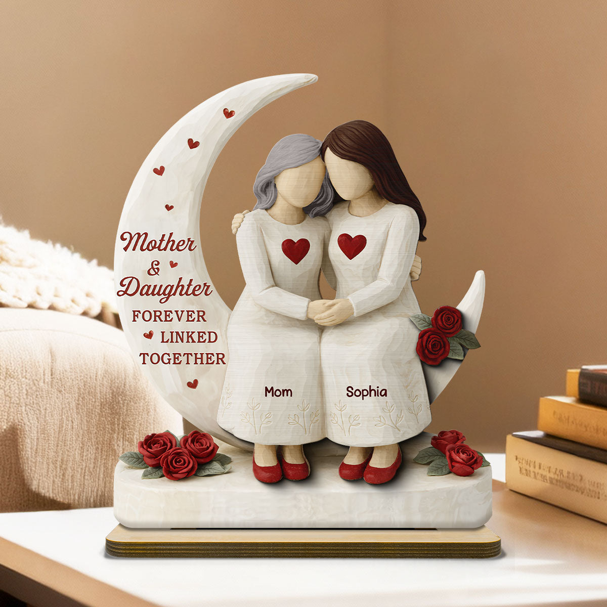 Roses Moon Mom And Daughter Forever Linked Together - Personalized 2-Layered Wooden Plaque - Gift For Mom, Daughter