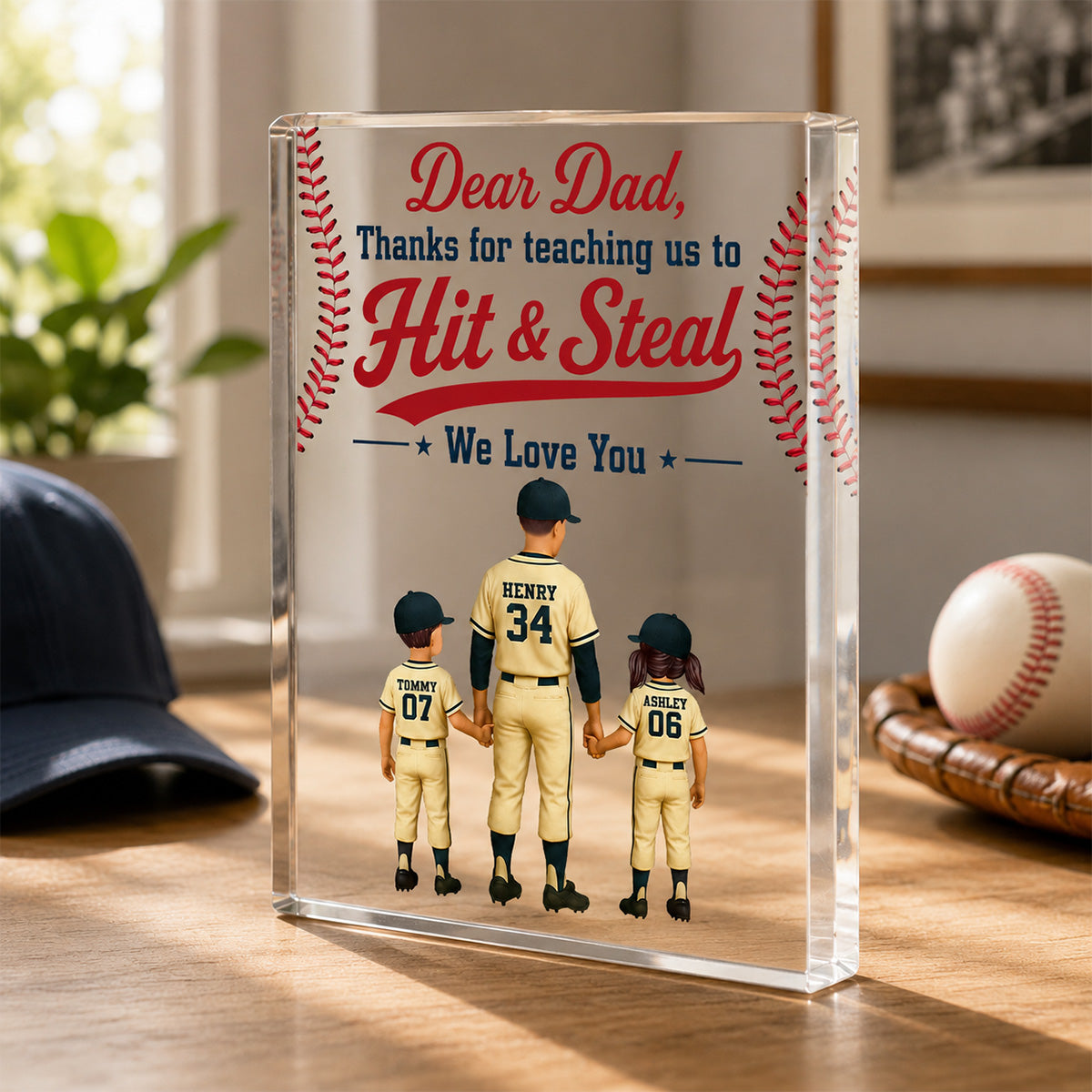 Thank You For Teaching Us To Hit & Steal Baseball Dad & Kids - Personalized Acrylic Block Plaque -  Gift For Dad, Husband