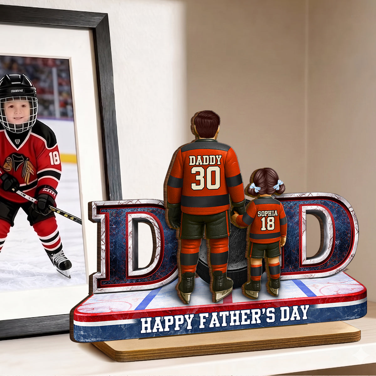 Hockey Dad And Kids Together - Personalized 2-Layered Wooden Plaque - Heartfelt Gift For Hockey Dad, Gift For Husband