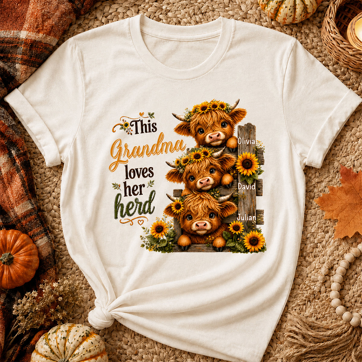 Highland Cow Grandma Loves Her Herb - Personalized Shirt - Fall Season Gift, Gift For Grandma