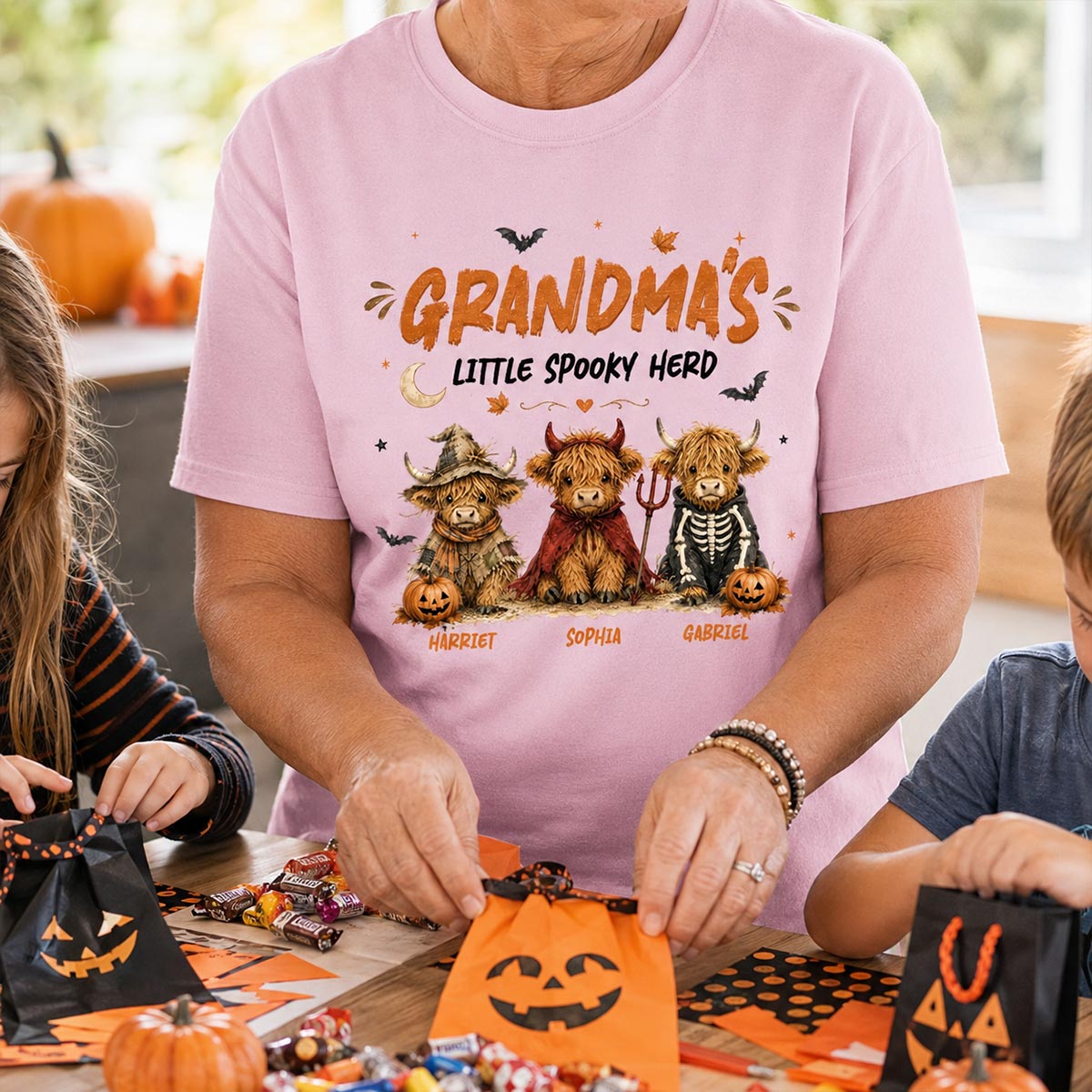 Grandma's Little Spooky Herd Halloween Costume Highland Cows - Personalized Shirt - Halloween Gift For Grandma