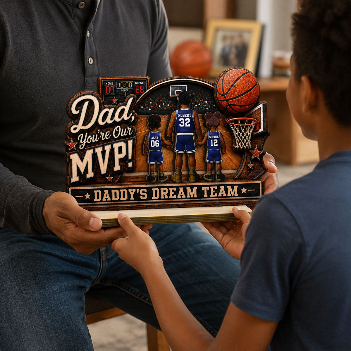 Dad You Are Our MVP Standing Basketball Man & Kids 2D Flat - Personalized 2-Layered Wooden Plaque -  Gift For Basketball Dad