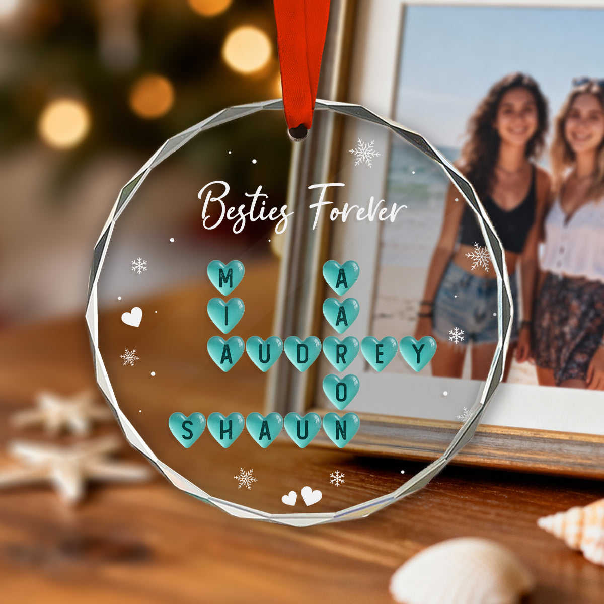 Siblings Forever Heart Sea Glass 3D Inflated Effect Crossword Puzzle Art - Personalized Glass Ornament