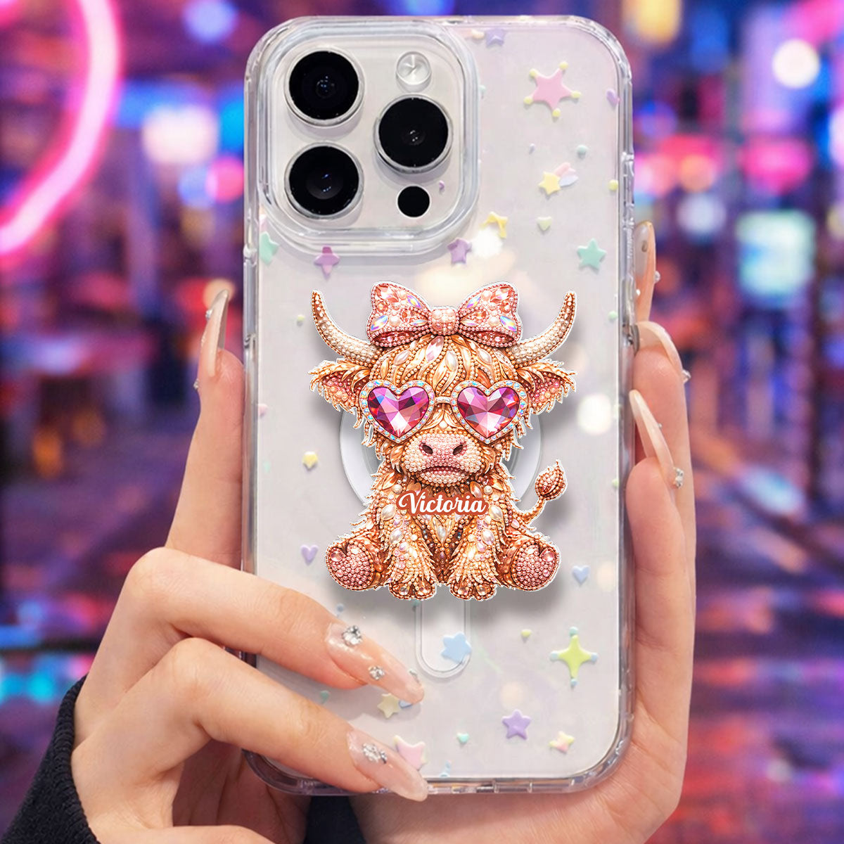 3D Effect Highland Cow - Personalized Acrylic Magnetic Phone Grip - Anniversary, Valentine's Day Gift, Gift For Her