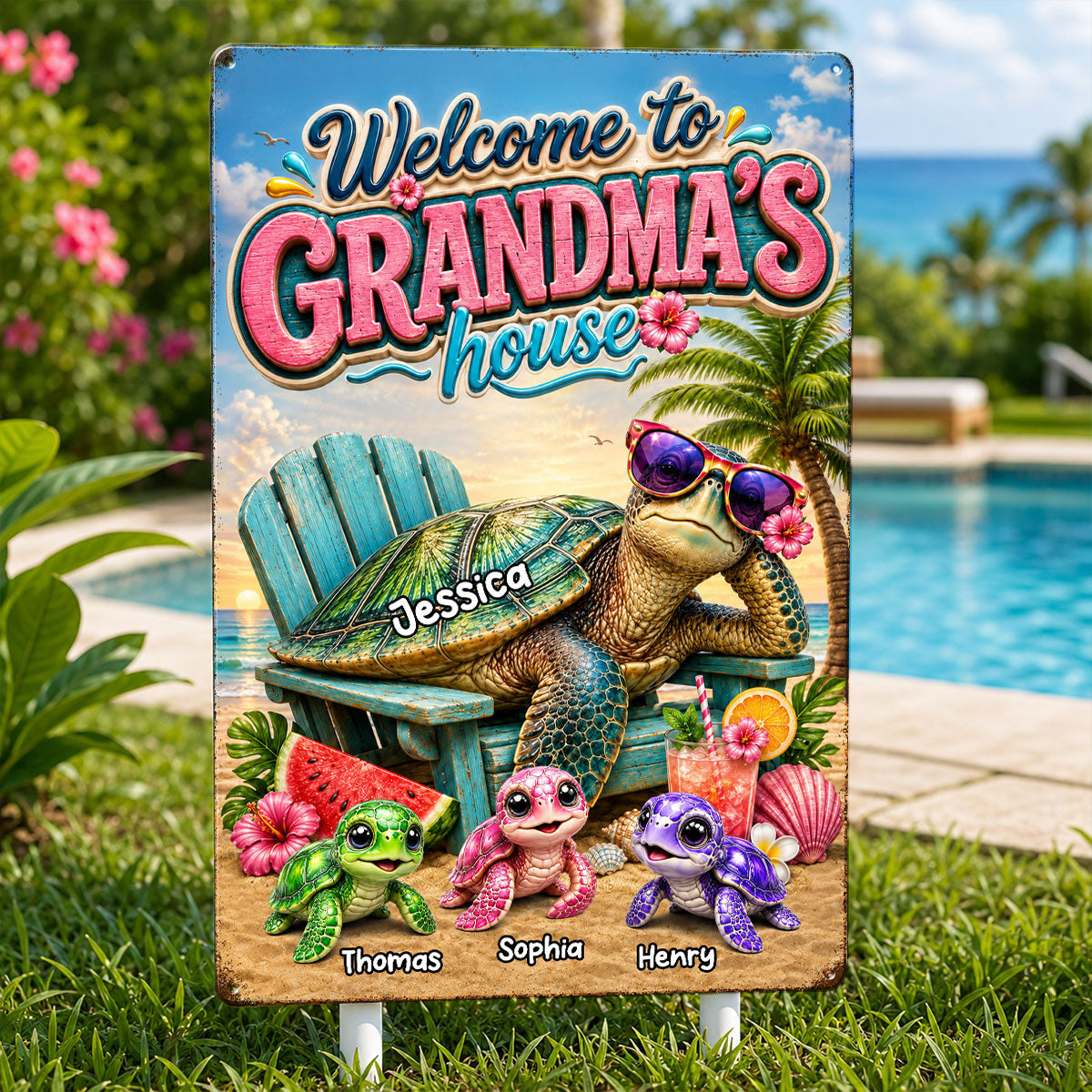 Welcome to Grandma's House Turtle Grandma - Personalized Metal Sign - Summer Decor for Her