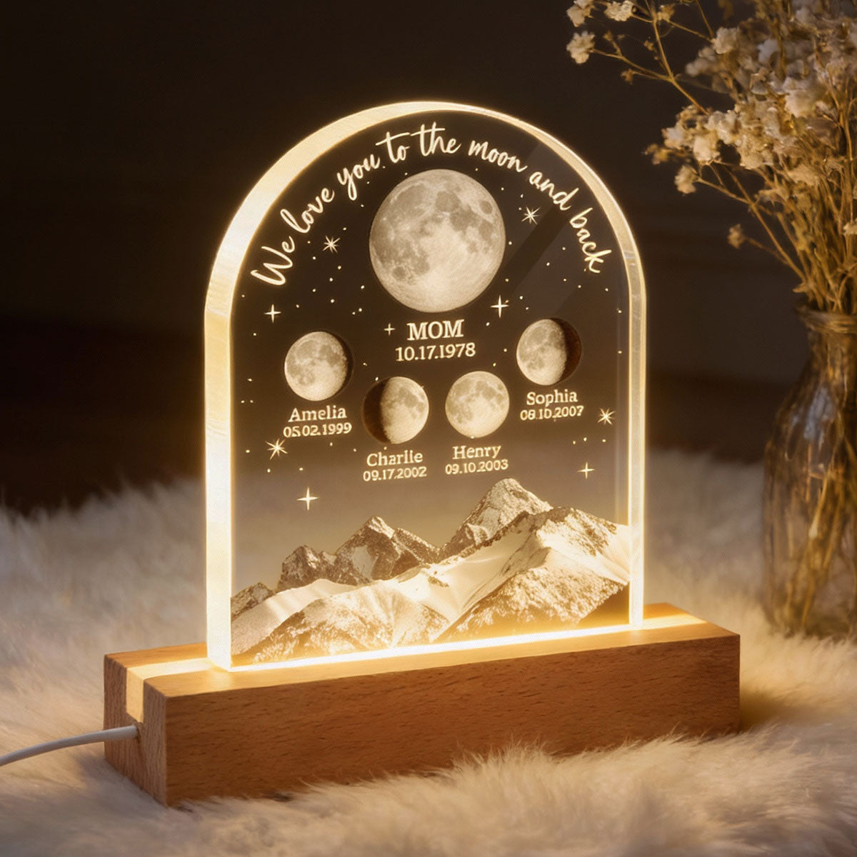 We Love You to the Moon and Back Custom Moon Phase by Date - Personalized Acrylic Block LED Night Light - Gift for Dad, Mom