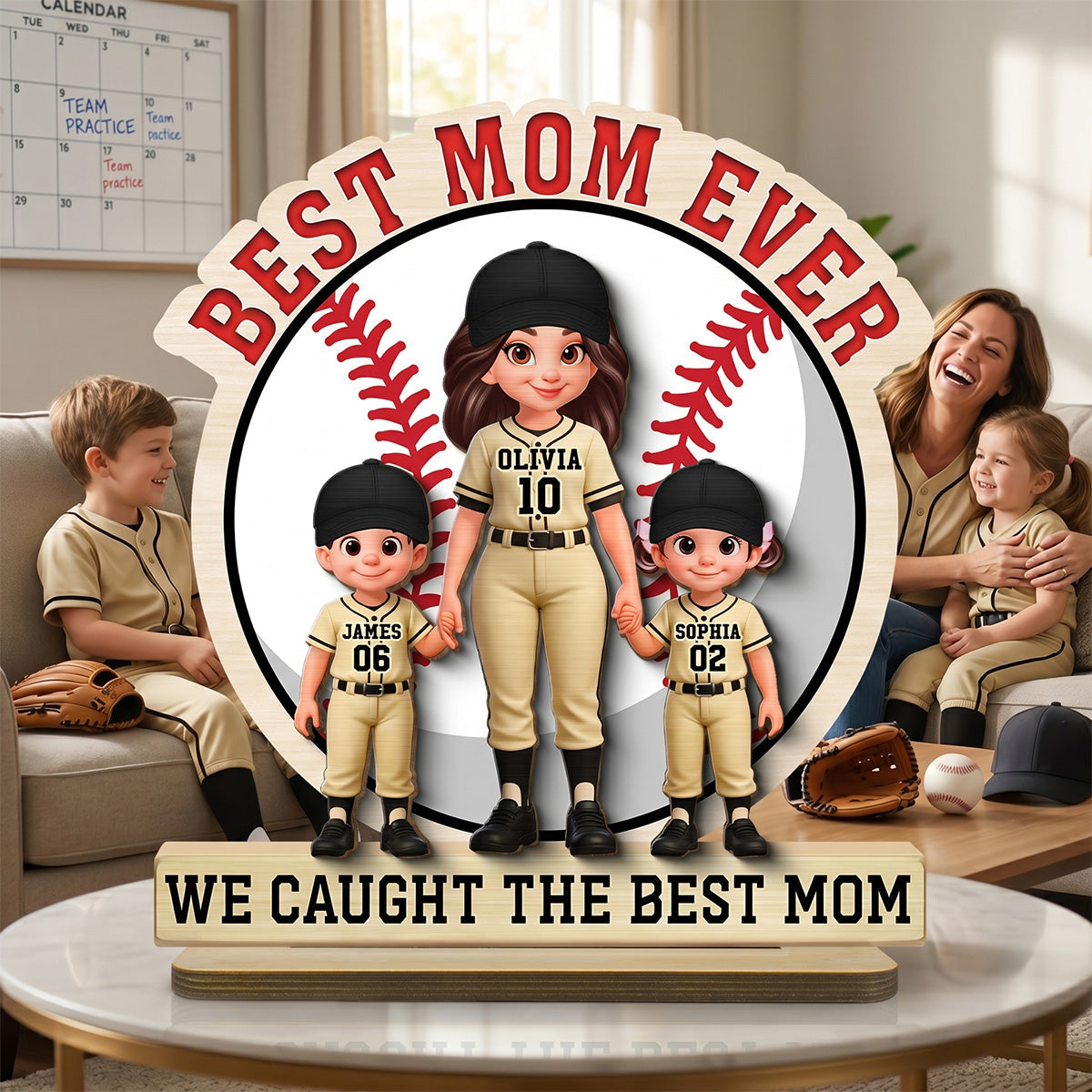 Best Mom Ever Baseball Mom & Kids - Personalized 2-Layered Wooden Plaque - Mother's Day Gift For Mom